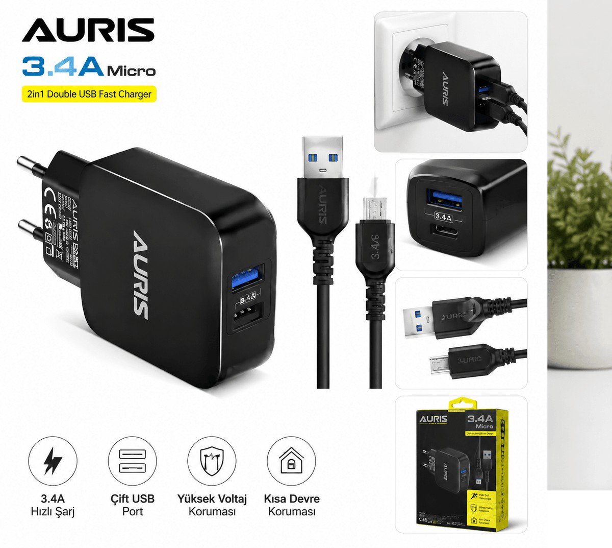 Auris ARS-CH17 Şarj Aleti (USB Micro-B) Çift USb Girişli