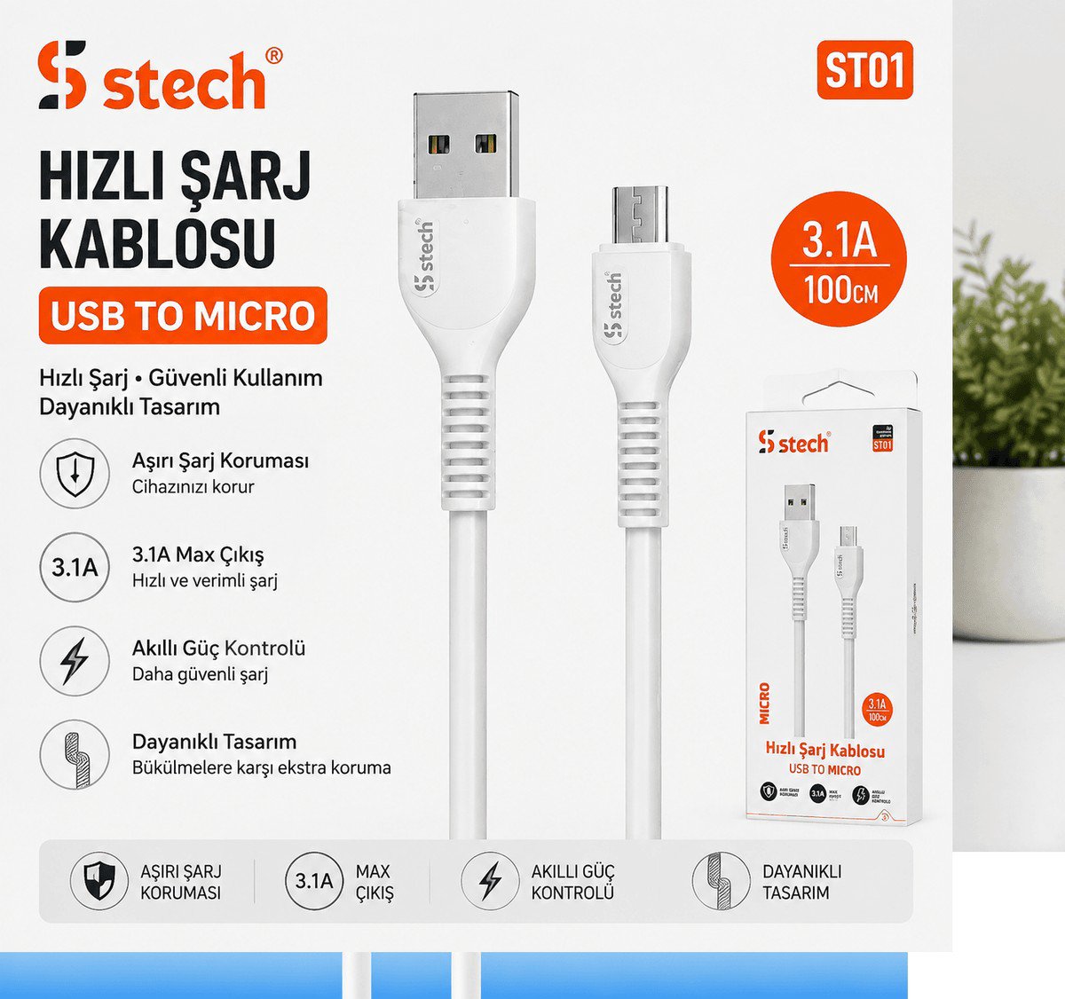 Stech ST01 USB to Micro Hızlı Şarj Kablosu 3.1A – 100 cm
