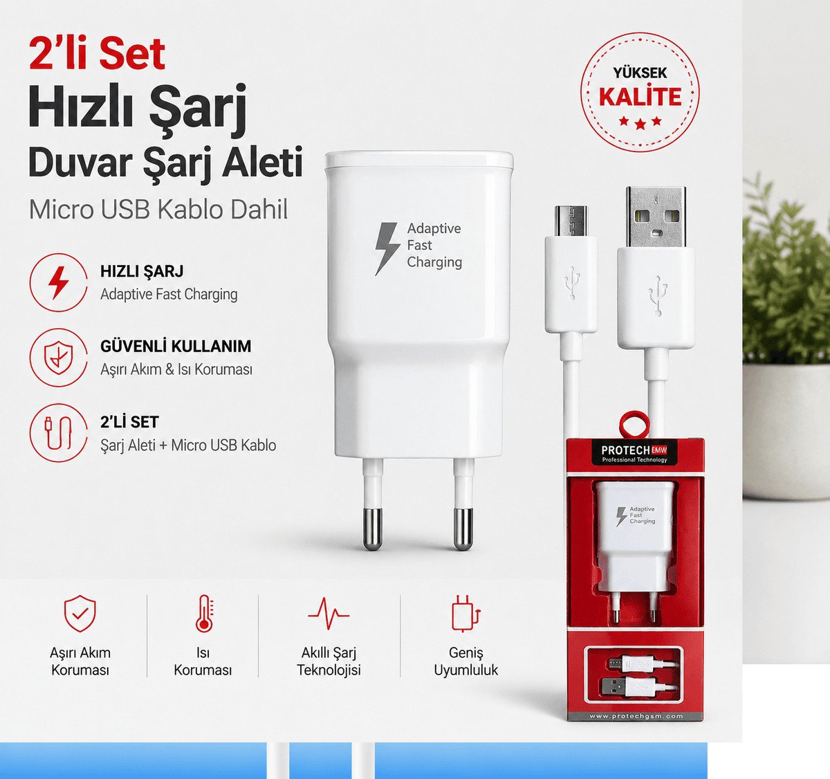 PROTECH EMW 2’li Hızlı Şarj Seti – Micro USB